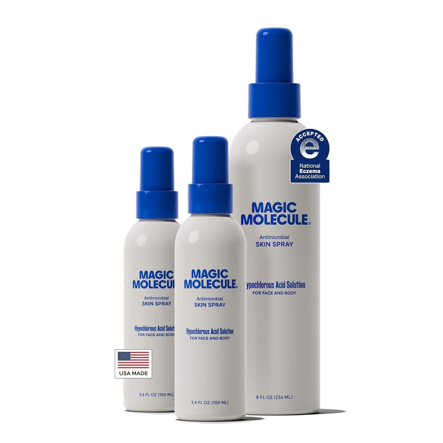 Magic Molecule Hypochlorous Acid Spray – Soothing Facial Mist for Redness & Irritated Skin – Cleansing & Purifying – Everything Home & Travel Bundle (1x 8oz + 2x 3.4oz)