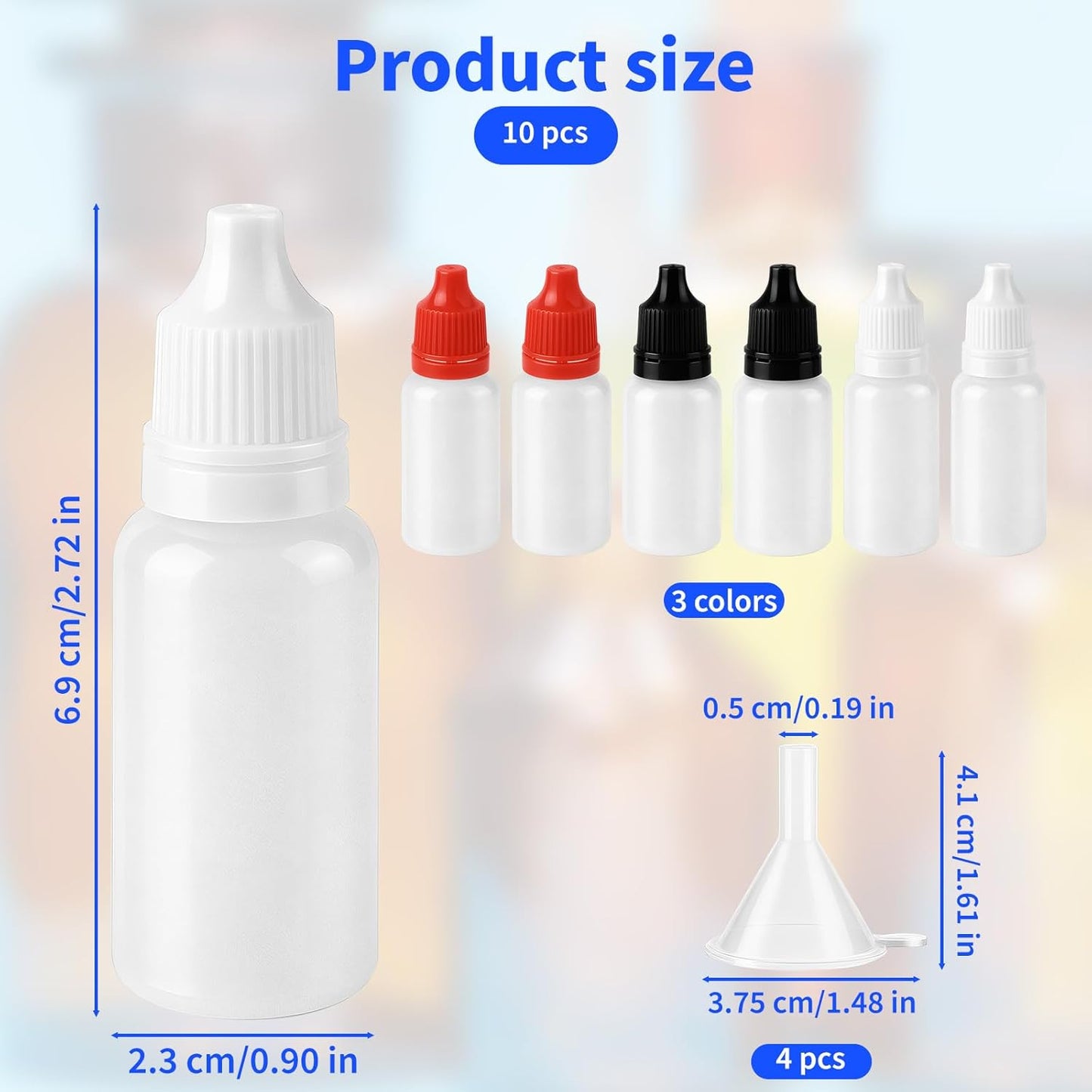 10 PCS (6 Bottles + 4 Funnel) 15ml Small Plastic Dropper Bottles - White Black & Red Eye Liquid Dropper Bottles, Squeezable & Portable Travel Containers for Eye Drops, Refillable with Cap and Plug