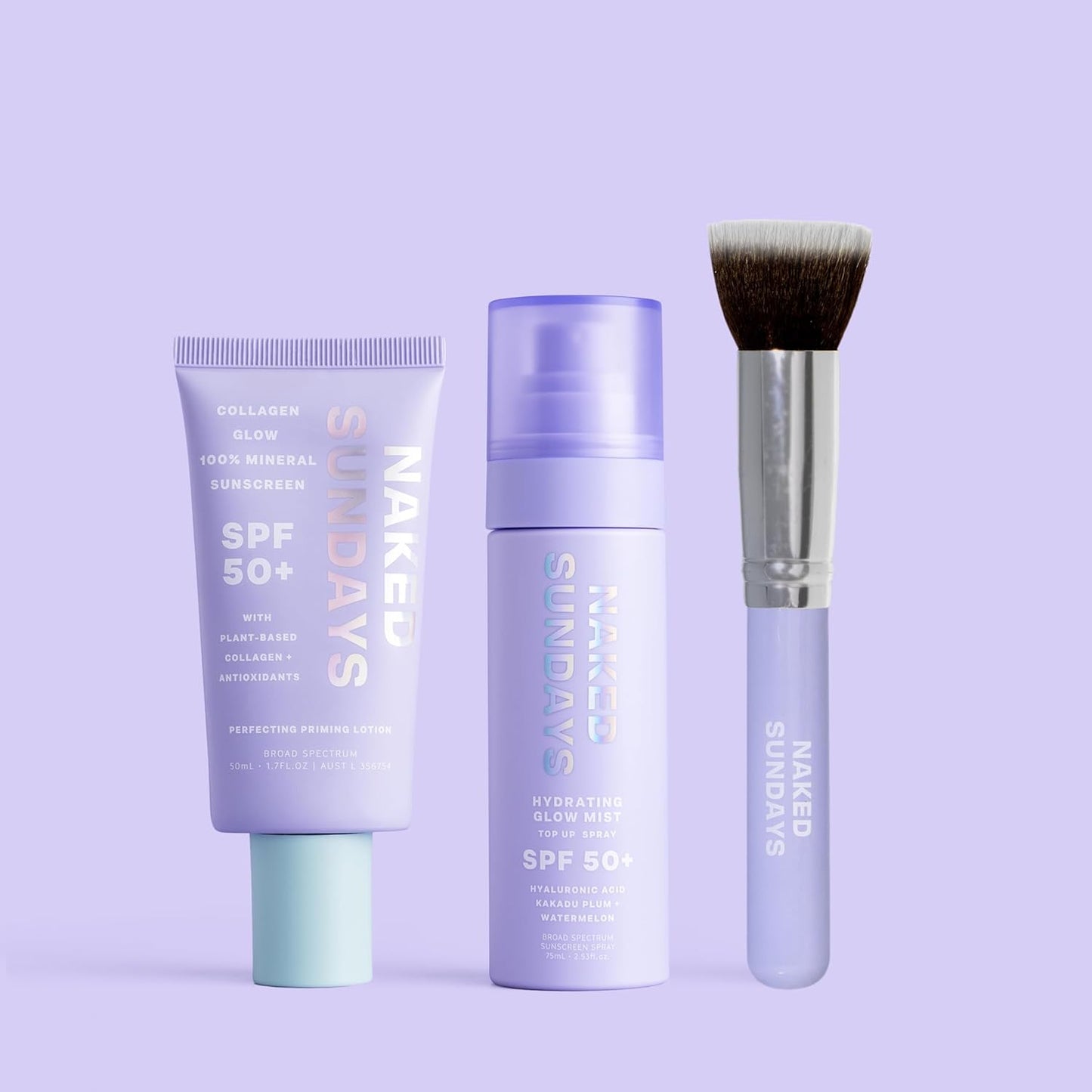 Naked Sundays Daily Sunscreen SPF 50 Best Sellers Trio - 100% Mineral Primer Lotion, Hydrating Glow Setting Spray Mist, and SPF Brush