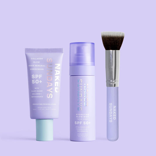 Naked Sundays Daily Sunscreen SPF 50 Best Sellers Trio - 100% Mineral Primer Lotion, Hydrating Glow Setting Spray Mist, and SPF Brush