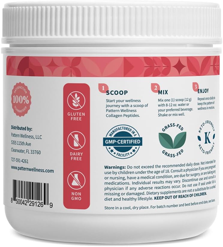 Pattern Wellness Collagen Peptides Powder (Type I & III) - Hair, Nails, Skin & Joint Support - Grass Fed & Pasture-Raised - Hydrolyzed, Non-GMO, Dairy Free, & Keto-Friendly - Strawberry (13 Oz)