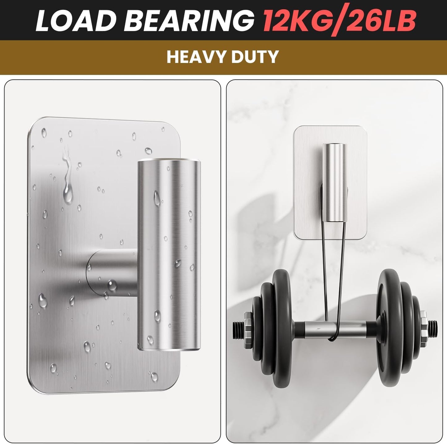 Heavy Duty Adhesive Hooks - 26lb Max, Sticky Wall Hooks Waterproof Stainless Steel for Hanging Towel, Coat, Robe, Towel Hooks Stick on Bathroom, Kitchen, Shower, Door (Silver, 4 Pack)