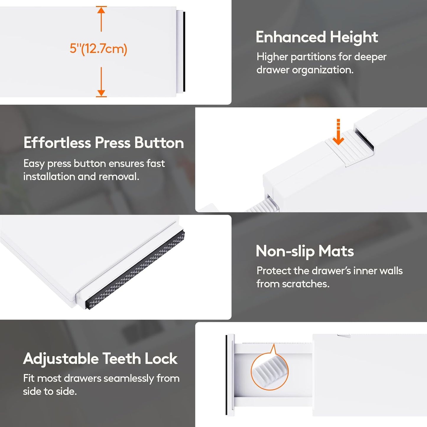 Lifewit 5 Pack 5" High Drawer Divider, 13.5-22" Expandable Deep Drawer Dividers for Clothes, Adjustable Dresser Drawer Organizers, Clothing Drawer Separators for Dresser, Kitchen, Bedroom, White