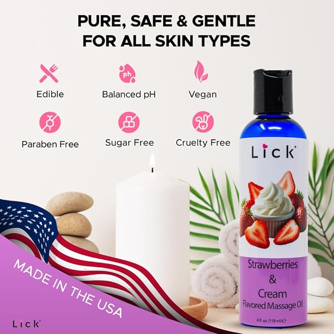 Lick Strawberries and Cream Flavored Massage Oil – Romantic, Body Safe, Non-Greasy Formula, Date Night 4 oz