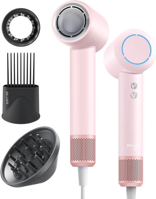 Hair Dryer with Comb & Diffuser Attachment for Curly Hair, PLUZZ 200M Negative Ionic Blow Dryer Brush, High-Speed Brushless Motor Hairdryer Fast, Portable Travel Hair Dryers Quiet, Women/Men/Kids