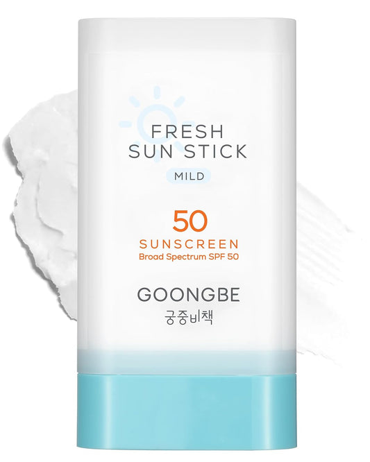 GOONGBE Fresh Sun Stick Mild SPF 50 - No White Cast Zinc Oxide Mineral Sunscreen Stick Balm - Non Greasy Soft Matte Finish - Travel Friendly for Babies, Kids & Adults - Vegan, Reef-Safe, 0.49oz.