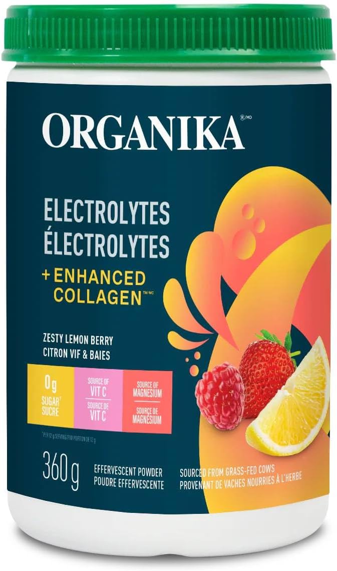 Organika Canadian-Made Electrolytes + Enhanced Collagen - Zesty Lemon Berry Flavour - Sugar-Free Hydration | 5g Protein + 100% of Daily Vitamin C | 360g, 30 Servings