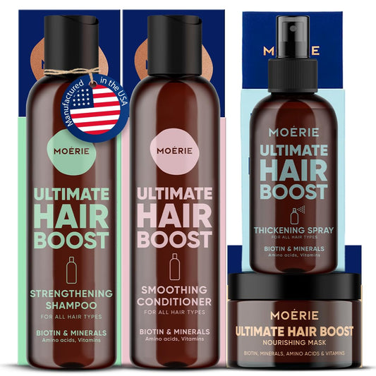 Moerie Shampoo and Conditioner Plus Hair Mask and Spray Mega Pack – The Ultimate Growth Care – For Longer, Thicker, Fuller Hair - Volumizing Products – Paraben & Silicone Free - 4 items