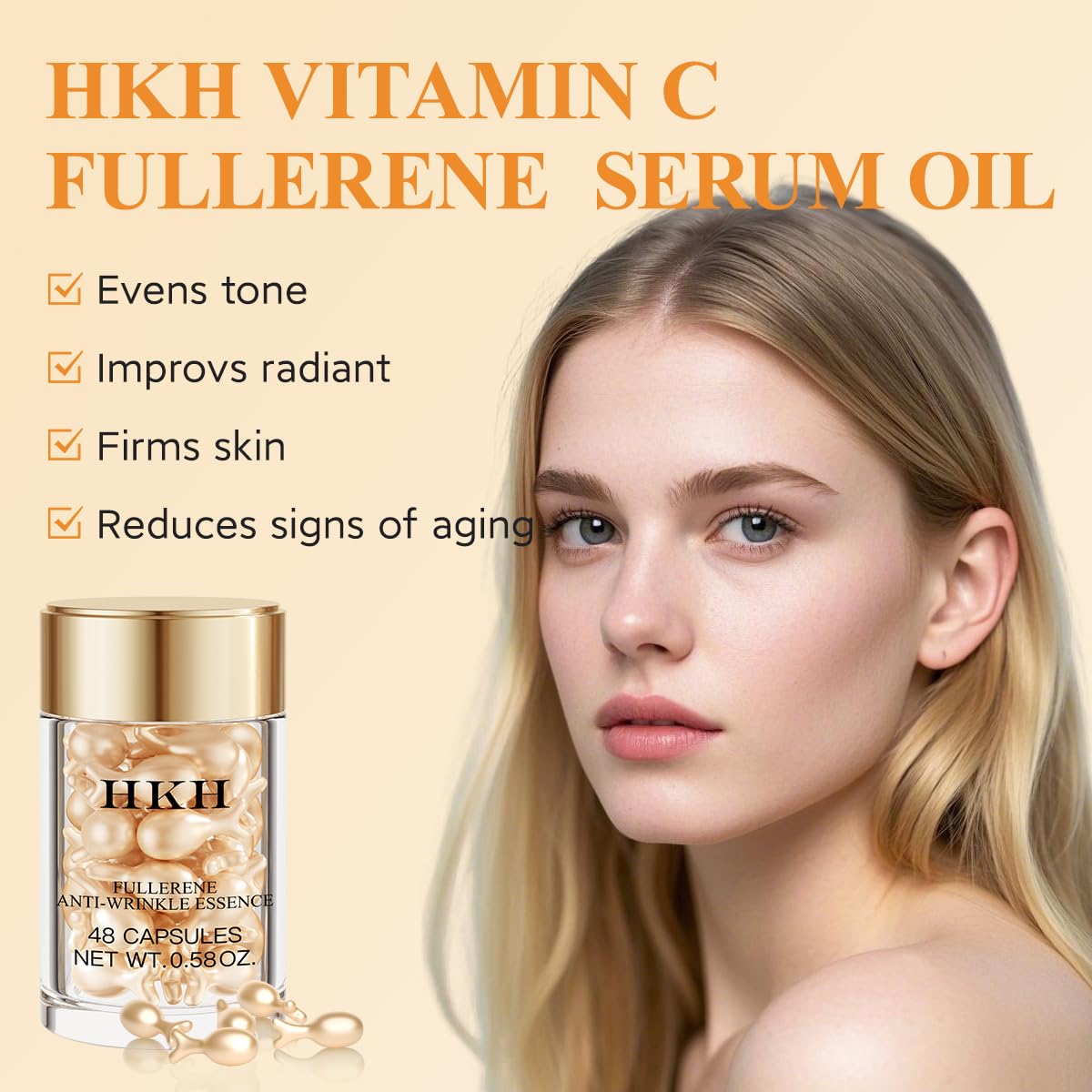 Vitamin C Face Serum Oil - HKH Vit C with Vitamin E Anti-Aging Serum Capsules, Firming Skin & Reduces Fine Lines, 48 Travel-Friendly Skincare Capsules for Smooth, Moisturized Skin, with Scissors