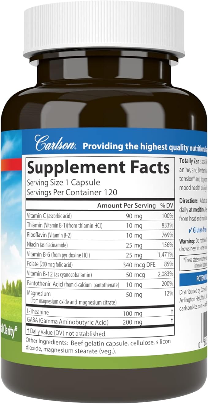 Carlson - Totally Zen, GABA, L-Theanine & B Vitamins, Healthy Mood, Promotes Calmness & Mental Clarity, 120 Capsules