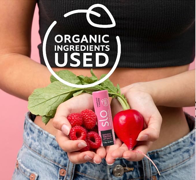 Slo | Natural Lip Balm - All Natural Ingredients, Vegan & Cruelty Free, Hydrating & Soothing, Plastic Free, Paper Packaging | Raspberry + Rosehip, (0.28oz/8g)