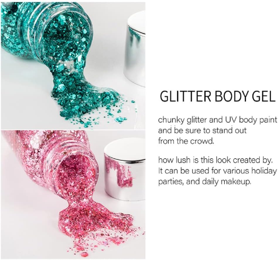 Mermaid Sequins Body Glitter Gel, Make Up Long Lasting Glitter for Body Face Hair Eyeshadow, Music Festival Party Carnival Long Lasting Face Glitter, No Glue Needed and Easy to Remove. (Green)