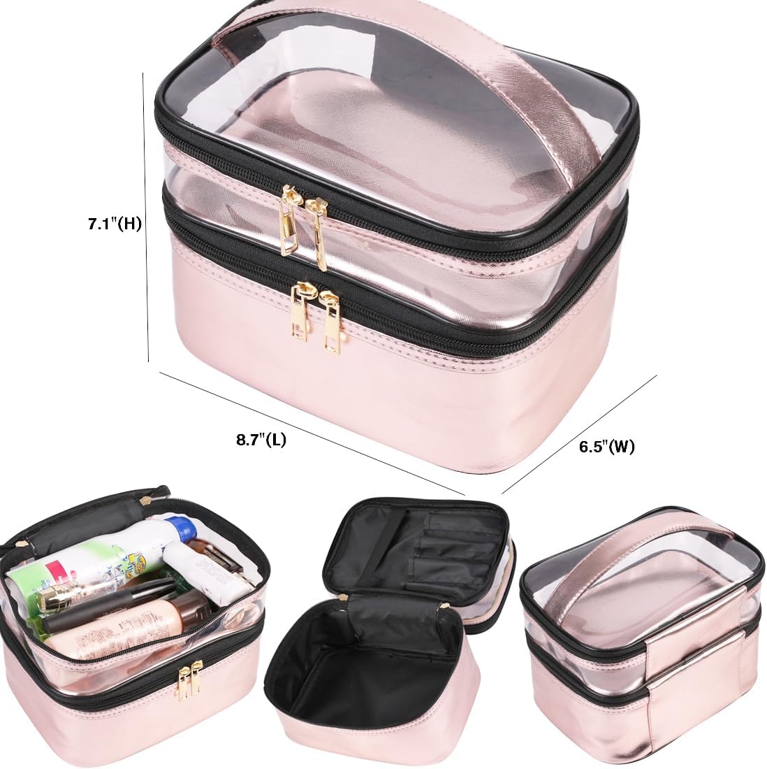 FITINI Makeup Bags Double Layer Travel Storage Cosmetic Cases Make up Organizer Toiletry Bags Water-resistant for Women Makeup Brush Bag,Pink