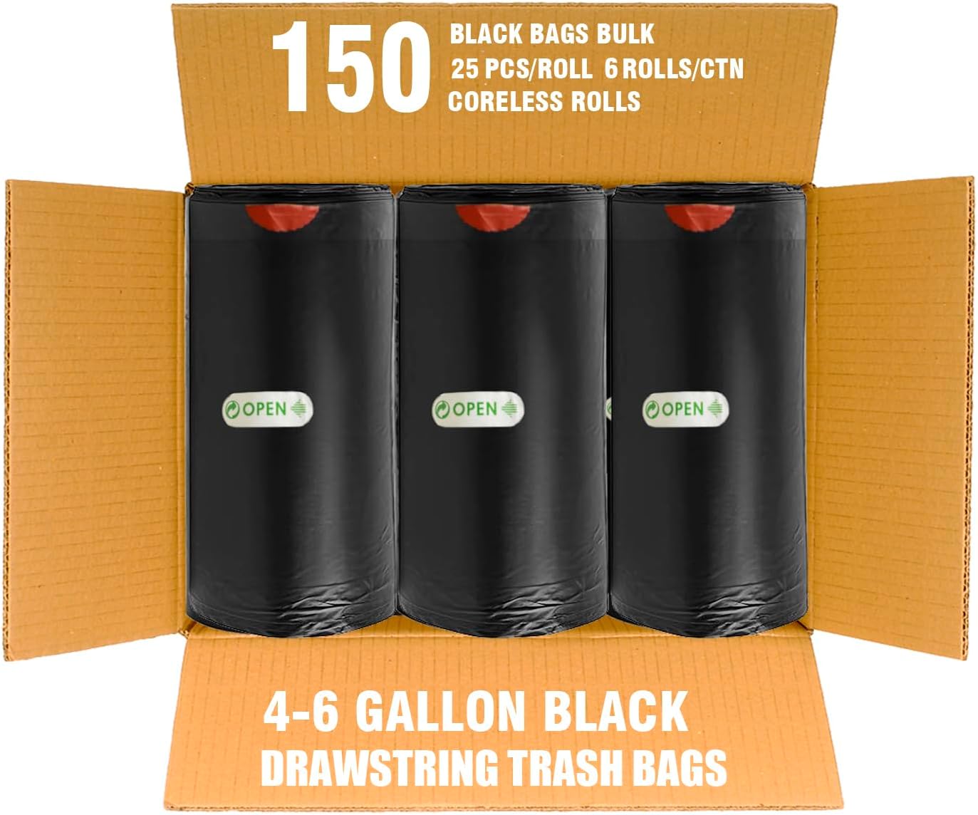 4-6 Gallon Trash Bags Drawstring, 150 Count Bulk Value Pack, Black & Unscented Multi-purpose Garbage Bags for Business Home Bathroom Kitchen Commercial and Industrial
