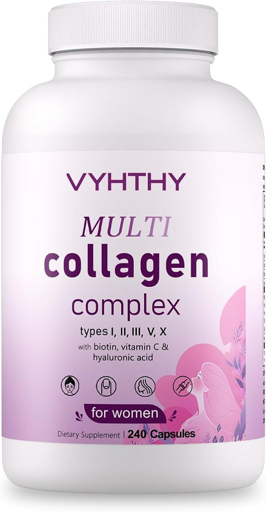VYHTHY Multi-Collagen Capsules for Women & Men – 240 Count | Type I, II, III, V, X Hydrolyzed Collagen Peptides with Biotin, Hyaluronic Acid & Vitamin C | Hair, Skin, Nails, and Joint Support