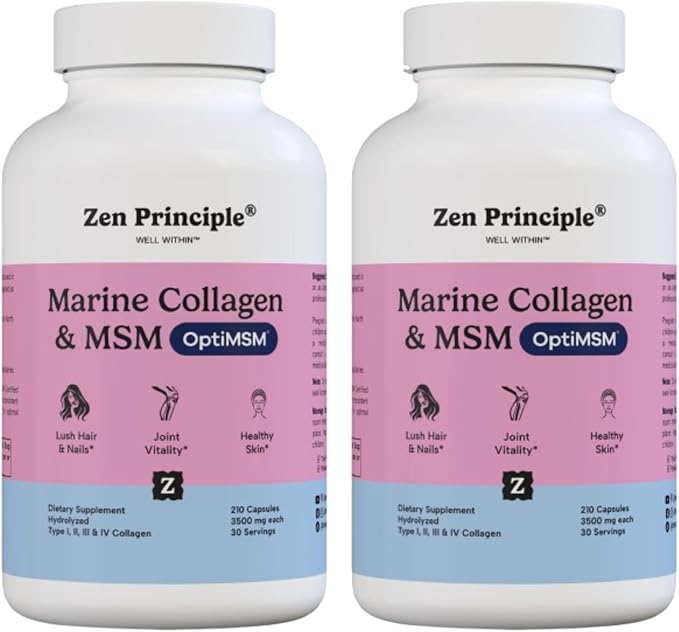 Zen Principle Marine Collagen Peptides Powder with OptiMSM® Supplement. Clinically Tested for Skin Support. Wild-Caught Fish, Non-GMO. 420 Capsules.