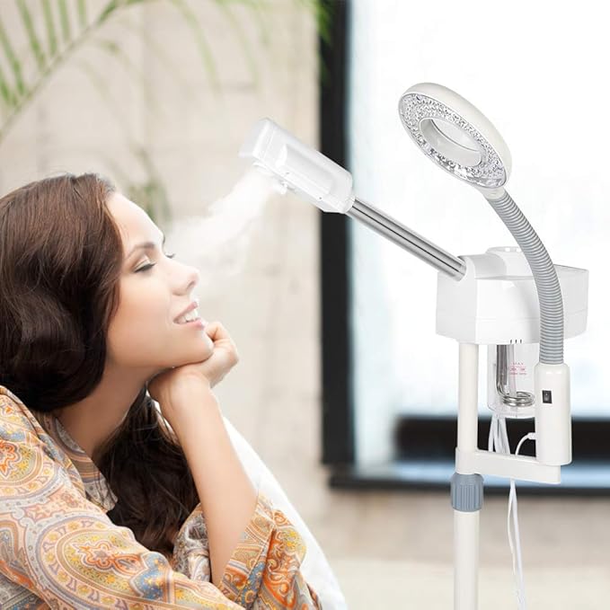 Steamer for Facial Professional Facial Steamer 2 in 1 Multifuncional 5X Magnifying Lamp LED Light Magnifier for Salon Spa Beauty Home, White