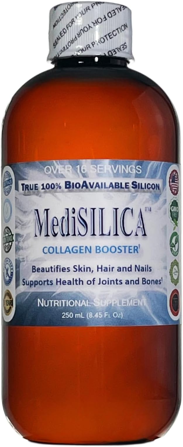 MediSILICA Collagen Booster Water-Soluble Silica Nutritional Supplement - 250 mL (8.45 Fl Oz) in Amber BPA-Free Plastic Bottle