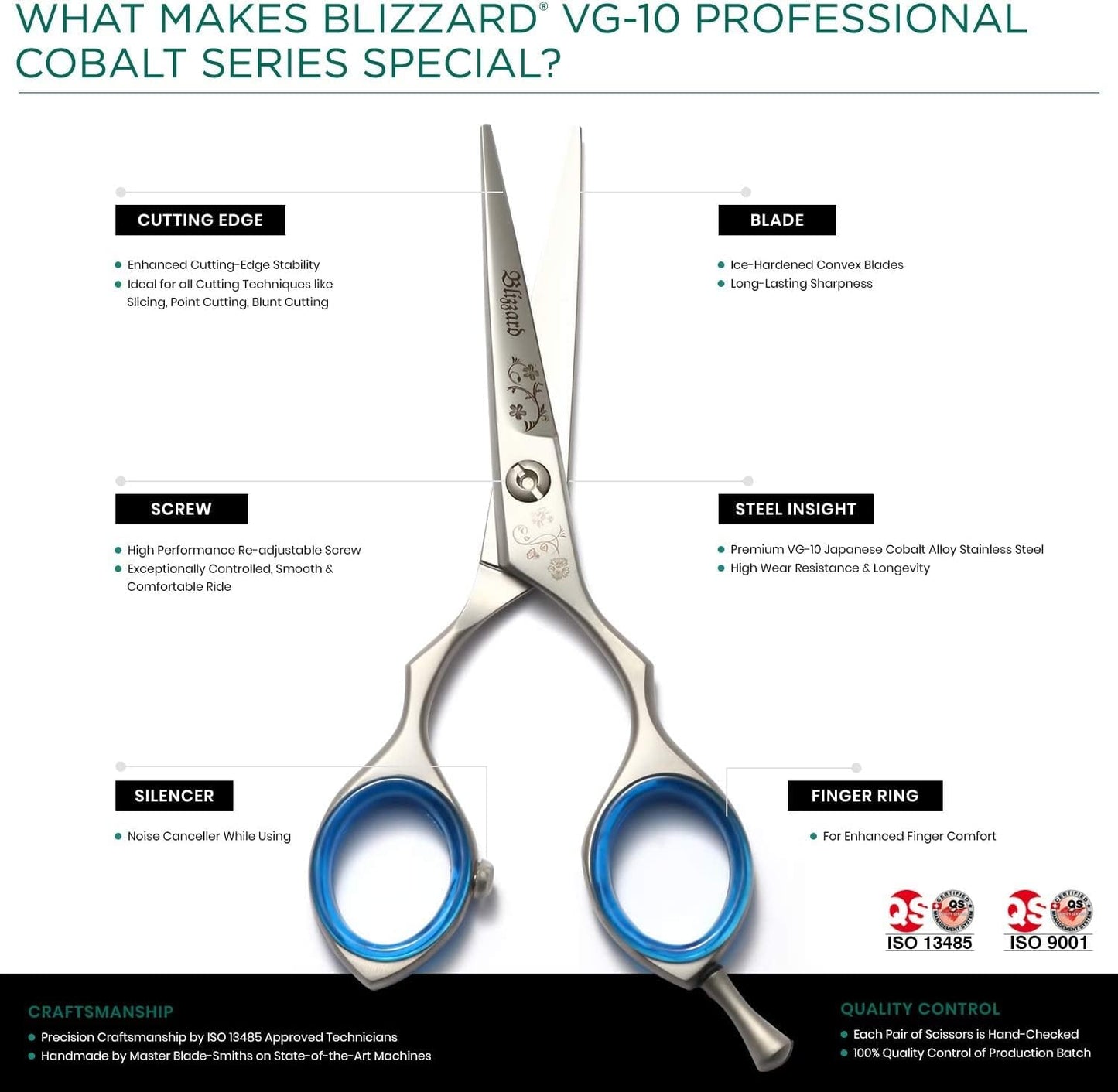 Blizzard Professional Hair Cutting Scissors – 5.5 inch VG10 Cobalt Haircut Shears with Razor Sharp Blades - Matt Finish Barber Hairdressing Travel Case for Salons & Home Use