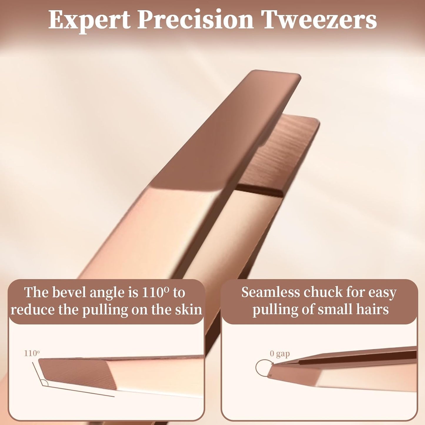 Precision Stainless Steel Tweezer for Eyebrows, Facial Hair and Fine Hairs Removal, Slant Tip Eyebrows Tweezers with Leather Case (Rose Gold)