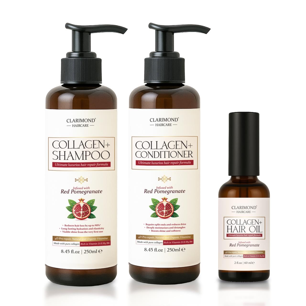 CLARIMOND Collagen Booster Complete Hair Loss Treatment - Shampoo, Conditioner & Hair Oil | UV Protection | Keratin & Vit. D/E/B5/B6 | Protect Hair Color-Treated, Frizz Control | For Sensitive Hair