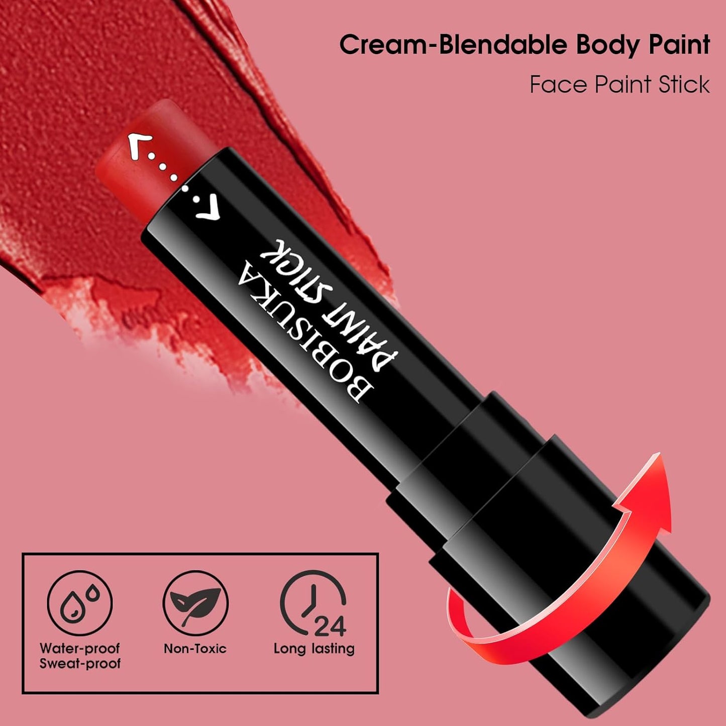 BOBISUKA Red Body Face Paint Stick, Sweatproof Eye Black Stick for Baseball Football Softball Sports - Full Coverage Face Painting for Devil, Vampire, Wound Joker Halloween Looks