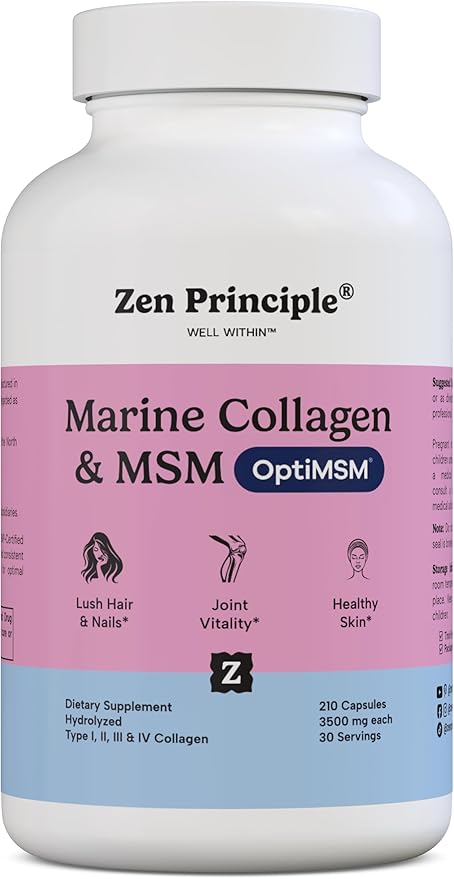 Zen Principle Marine Collagen Peptides Powder with OptiMSM® Supplement. Clinically Tested for Skin Support. Wild-Caught Fish, Non-GMO. 420 Capsules.