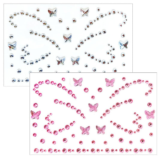 Crystal Butterfly Face Gems Pink Face Jewels Fake Butterfly Gems Tattoo Stick on Eye for Men Women Kids Halloween Prank Makeup Costume，2-Pack