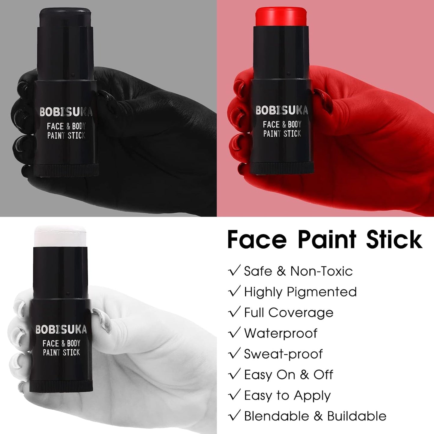 BOBISUKA Black White Red Face Paint Stick with Setting Powder Set Clown Makeup Eye Black Sticks for Sports, Body Paints for Halloween Joker Skeleton Cosplay Special Effects Costume SFX Stage Kit