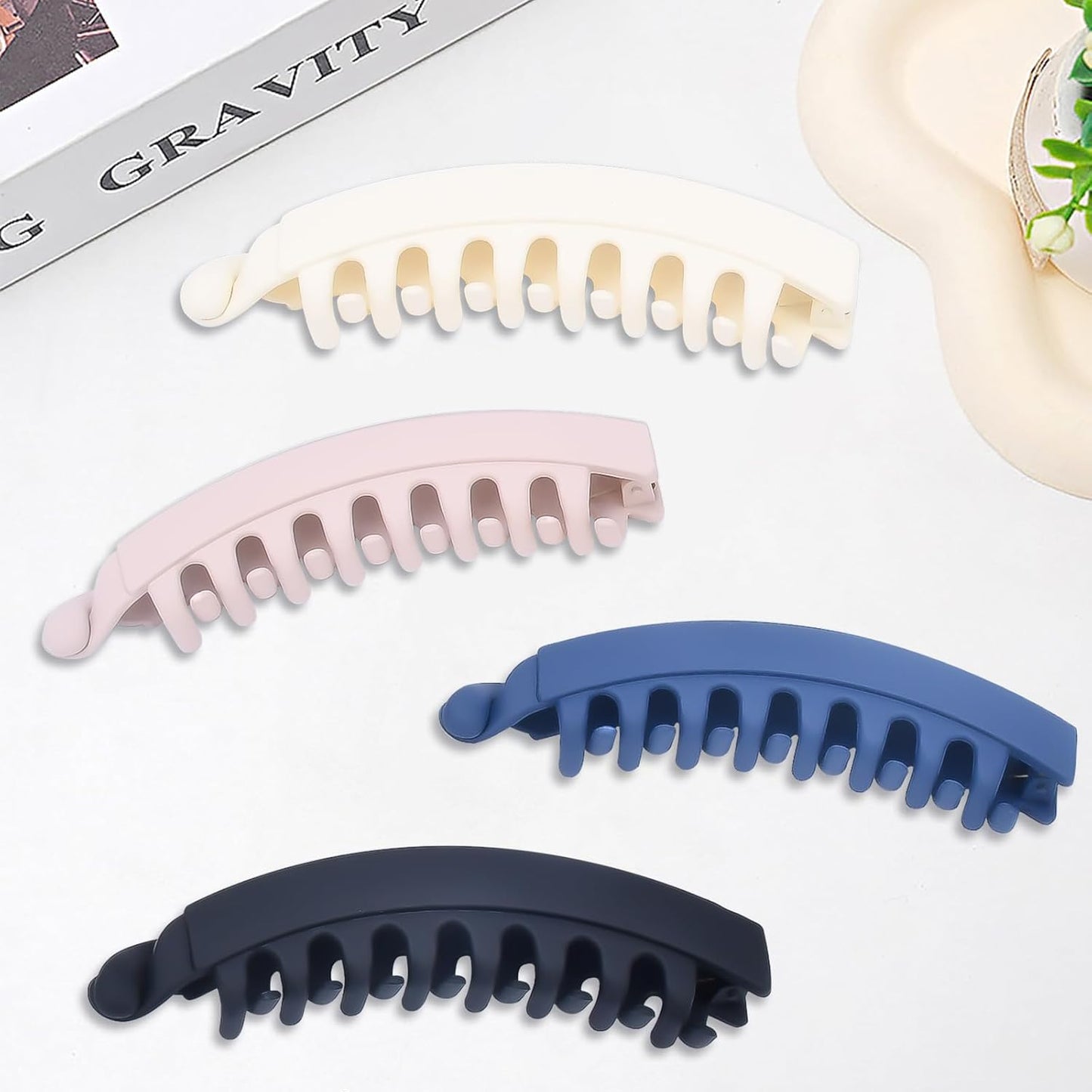 4PCS Banana Hair Clips, 5.2" Large Hair Claws for Women, Claw Clips for Thick Hair&Thin Hair, Hair Styling Accessories（Black & Light Coffee & Blue & White）