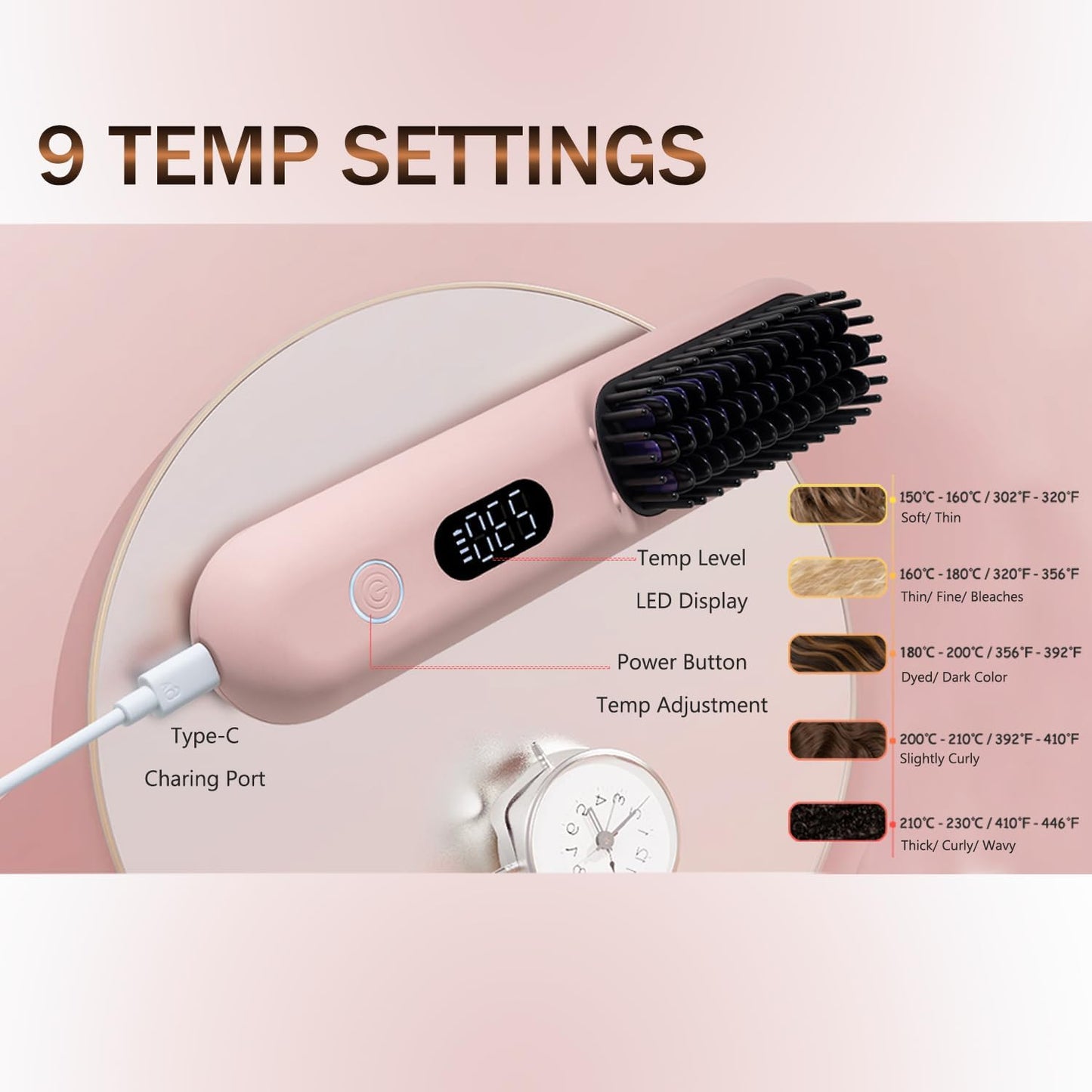 OUEST Cordless Hair Straightener Brush, Portable Mini Straightener Flat Iron, Ceramic Hot Comb with Negative Ions for Women, Lightweight Heated Hair Brush for Travel, Pink