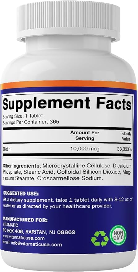 Vitamatic Biotin 10,000 mcg (10 mg) for Stronger Hair, Skin & Nails - 365 Vegan Tablets- Also Called Vitamin B7