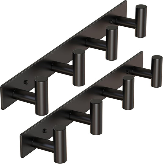HUFEEOH 2 Pack Coat Rack Wall Mount, Stainless Steel T Shaped 4 Hooks Coat Hooks for Bathroom, Heavy Duty Wall Hooks Towel Hooks for Hanging, Black Towel Rack Purse Hanger for Mudroom Entryway