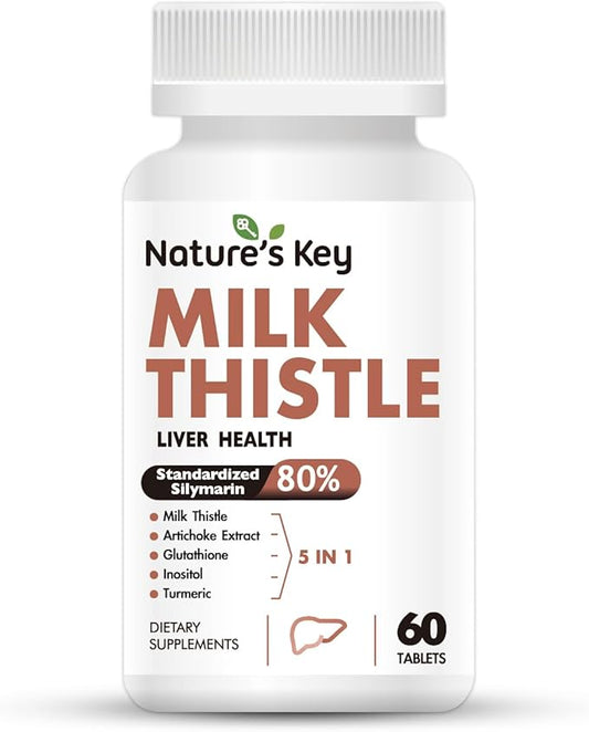 Nature's Key Milk Thistle 500mg Liver Supplement,30:1 Extra 80% Silymarin 5- in-1 in-1 Liver Turmeric-60 Tablets