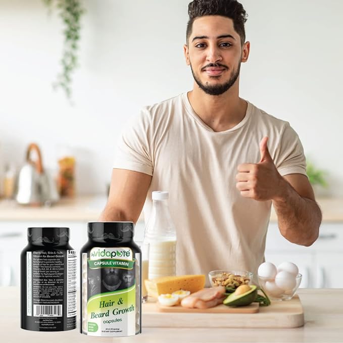MYVIDAPURE Beard Growth + Men’s Skin & Nails – 5,000mcg Biotin – Vitamin C, D & B-Complex –Hydrolyzed Collagen Veggie Capsules – Non-GMO – Gluten-Free