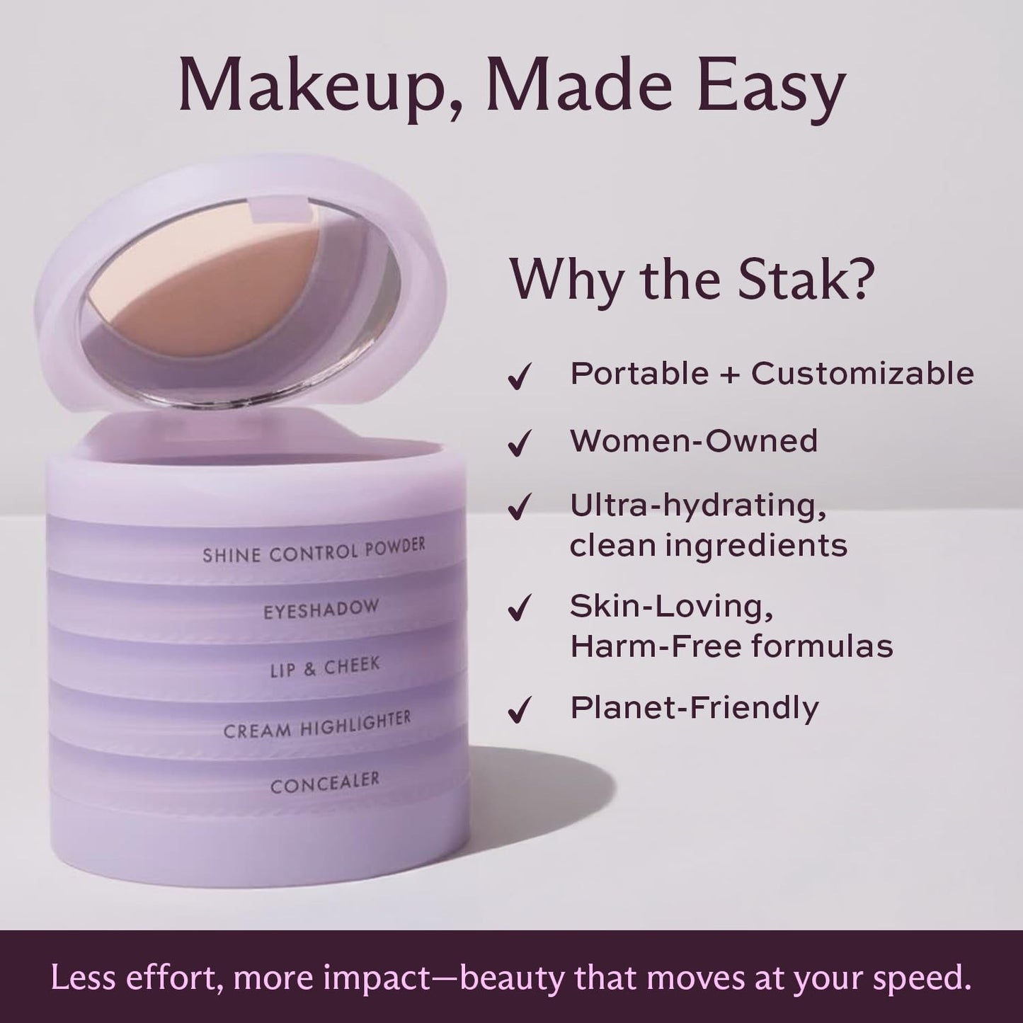 Subtl Staks 5-in-1 Travel Makeup kit by subtl beauty - eyeshadow duo, powder blush, cream highlighter, lip and cheek, lip balm - free travel mirror and brush - stackable makeup for travel