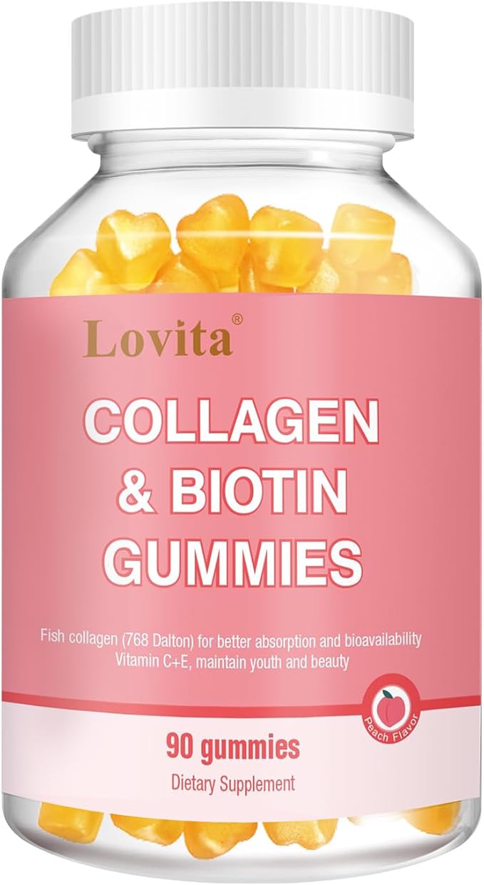 Lovita Marine Collagen Gummy with Biotin, Vitamin C & E | Type I Collagen for Skin Health | Peach Flavor | 90 Gummies