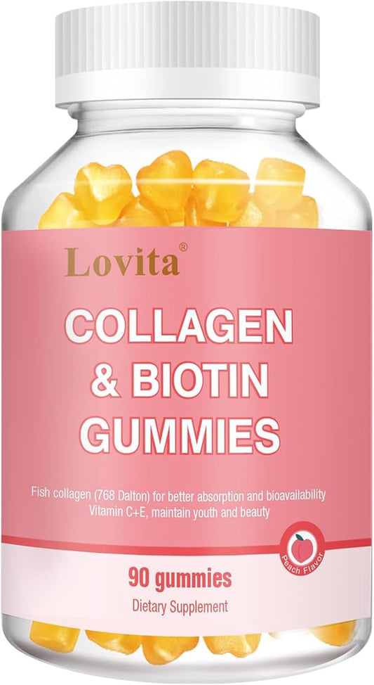 Lovita Marine Collagen Gummy with Biotin, Vitamin C & E | Type I Collagen for Skin Health | Peach Flavor | 90 Gummies