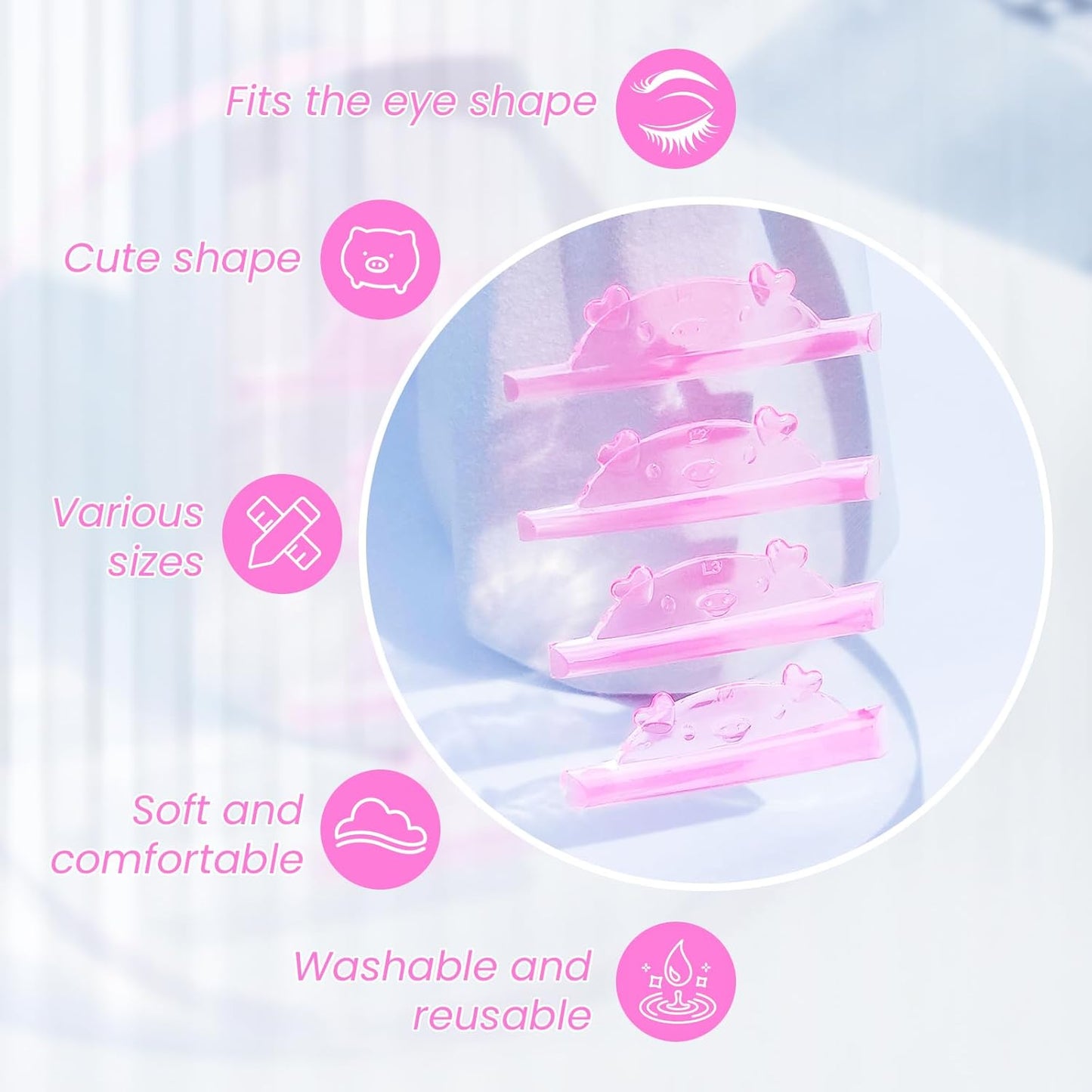 Libeauty Cute Lash Lift Rods, 4 Sizes Eyelash Shields, Reusable Soft Silicone Pads for Eyelash Curling & Lifting, Pink Piggy Shape