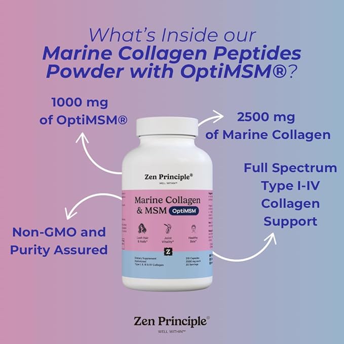 Zen Principle Marine Collagen Peptides Powder with OptiMSM® Supplement. Clinically Tested for Skin Support. Wild-Caught Fish, Non-GMO. 420 Capsules.