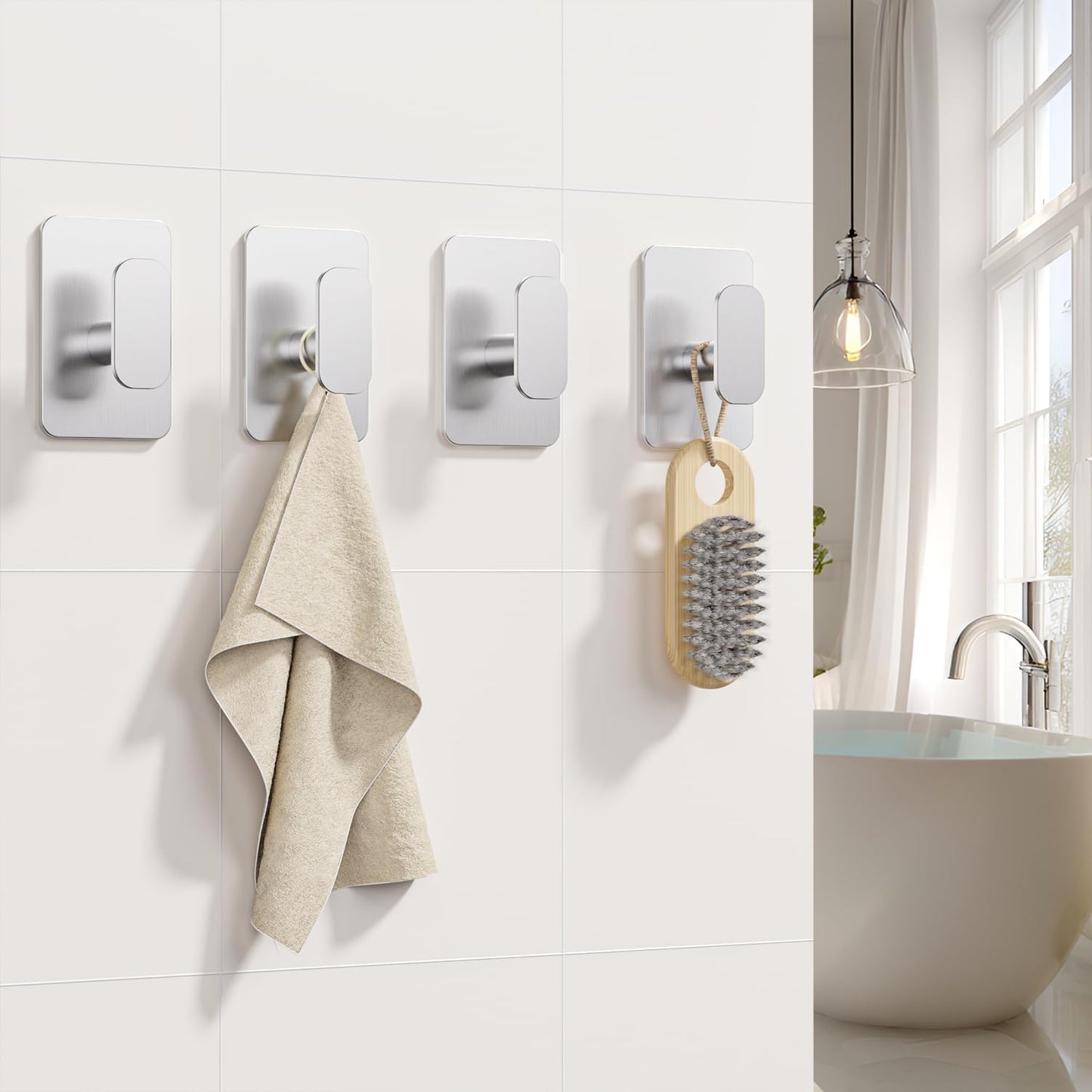 Heavy Duty Self Adhesive Hooks - 26lb Max, Sticky Wall Hooks Stainless Steel for Hanging Towel, Coat, Robe, Waterproof & Rustproof Hooks Stick on Bathroom, Shower, Kitchen(Silver, 4 Pack)