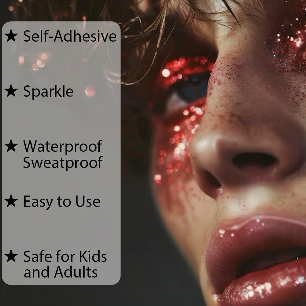 Mysense Red Body Glitter Gel, Singer Concerts Face Hair Glitter Makeup, Music Festival Rave Accessories, Chunky Glitter Mermaid Sequins, Sparkling Face Paint for Women, 30g