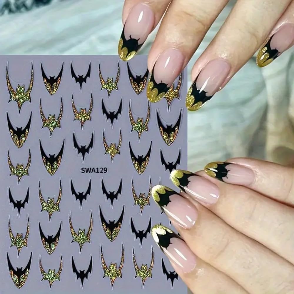 4Pcs Gothic Halloween Nail Art Stickers - Self-Adhesive Black Bat Wing Stickers, Gold/Silver/Glitters Nail Decals, Halloween Nail Art Decals for Manicure, Parties, Everyday Gothic Nail Decorations