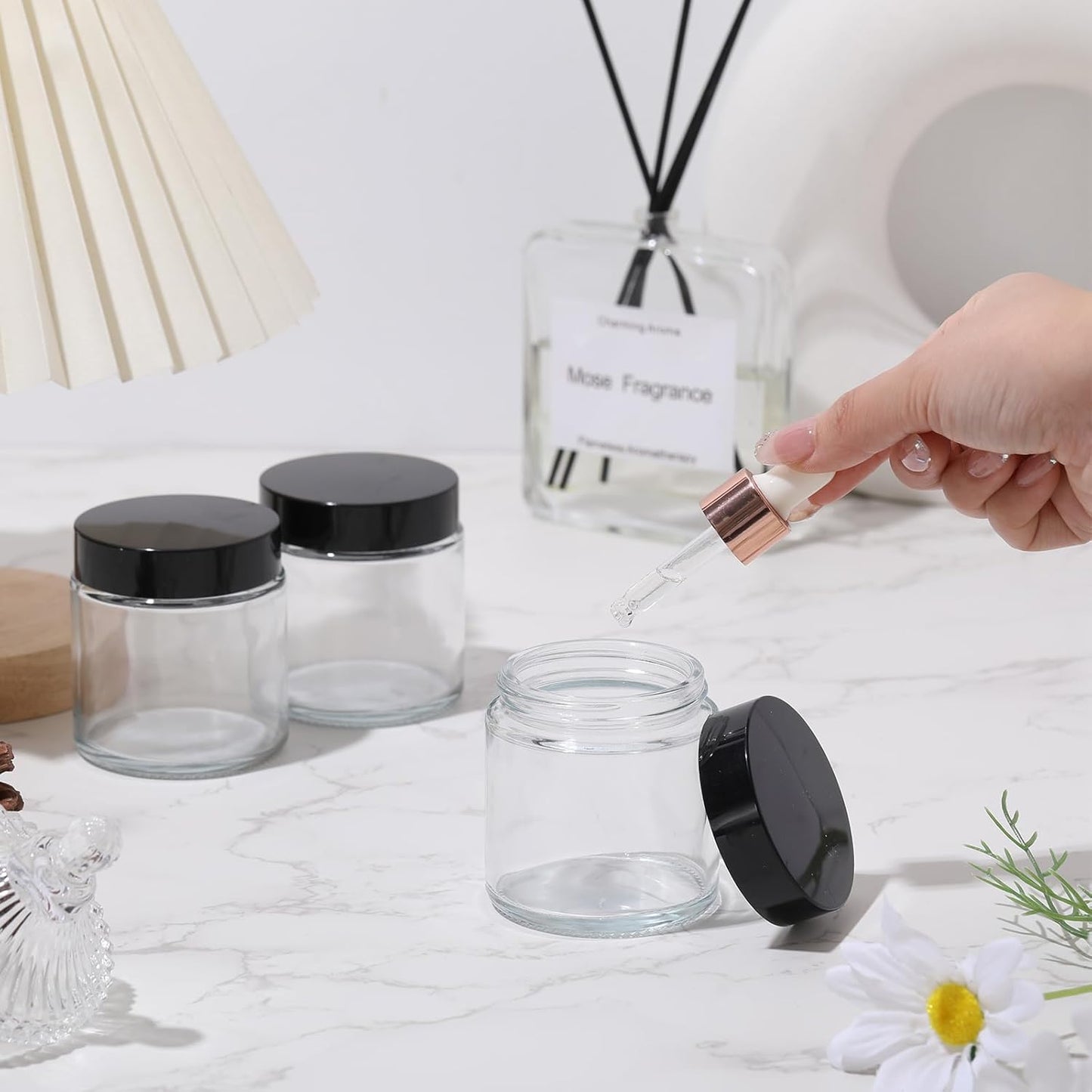 Norme 24 Pcs 4 oz Glass Jars with Lids Leakproof Round Airtight Empty Cosmetic Jars with Inner Liners Lid for Storing Lotions Powder Ointments Candle Making Tins (Black,Clear)