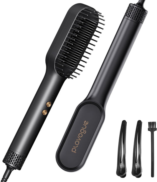 PLAVOGUE Ionic Hair Straightening Brush with Hot Air Function, Dual Voltage 30s Fast Heating, Anti-Scald & Auto Shutoff, Rotating Cord for Frizz Control & Salon Styling at Home