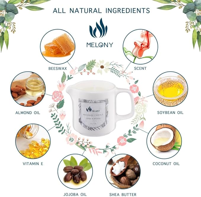 MELONY Soy Massage Oil Candle | Coffee & Whiskey | Low Temp | 2.82 OZ / 80G | Perfect Intensive Skin Treatment Candle | Nourishing with Almond Oil, Shea Butter & Cocoa Butter | Massage & Moisturise