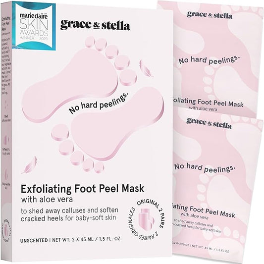 grace & stella Award-Winning Foot Peel Mask - Foot Peeling Mask with Aloe Vera - Moisturizing Foot Mask for Dry Cracked Feet - Foot Exfoliator for Baby Soft Feet (2 Pairs, Unscented)