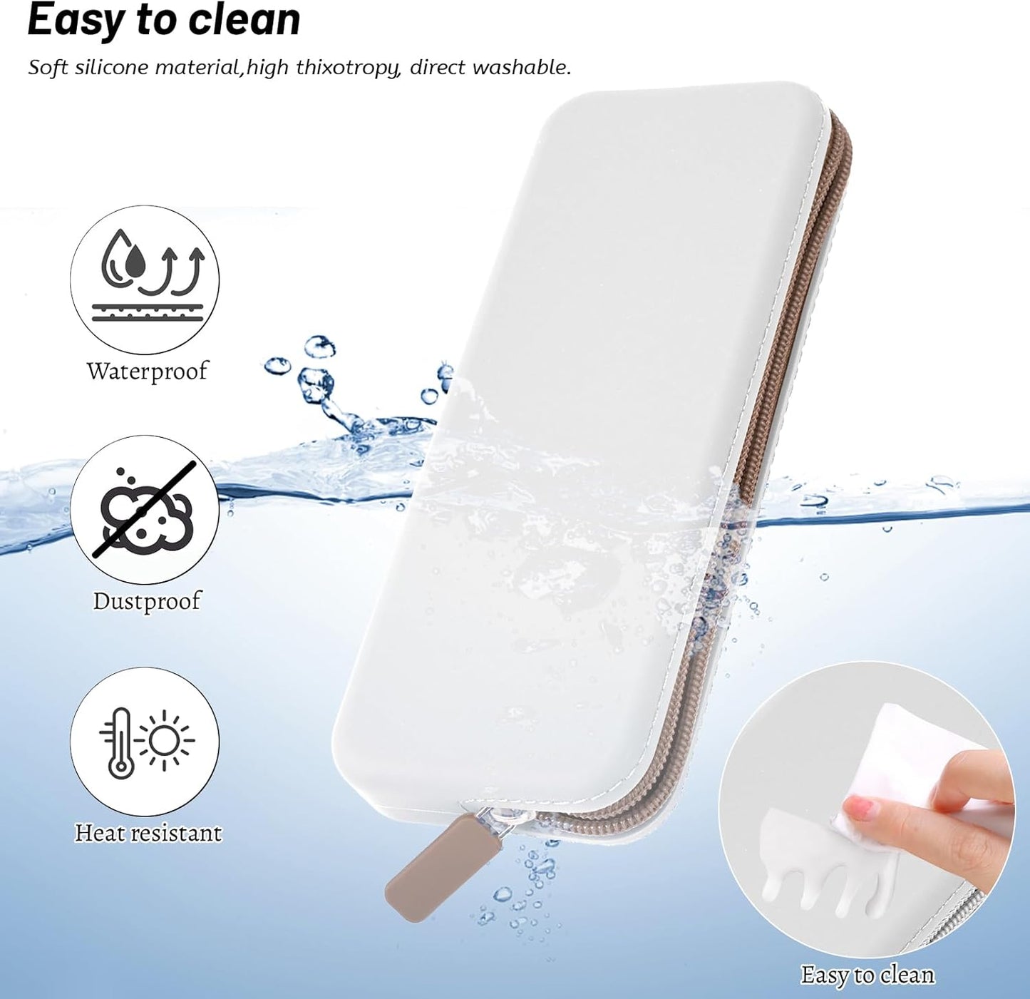 Sakolla Travel Makeup Brush Holder, Silicone Makeup Brush Bag with Zipper Closure, Makeup Brushes Organizer Case Washable Makeup Pouch Holder Case for Daily, Work, Essentials (White)