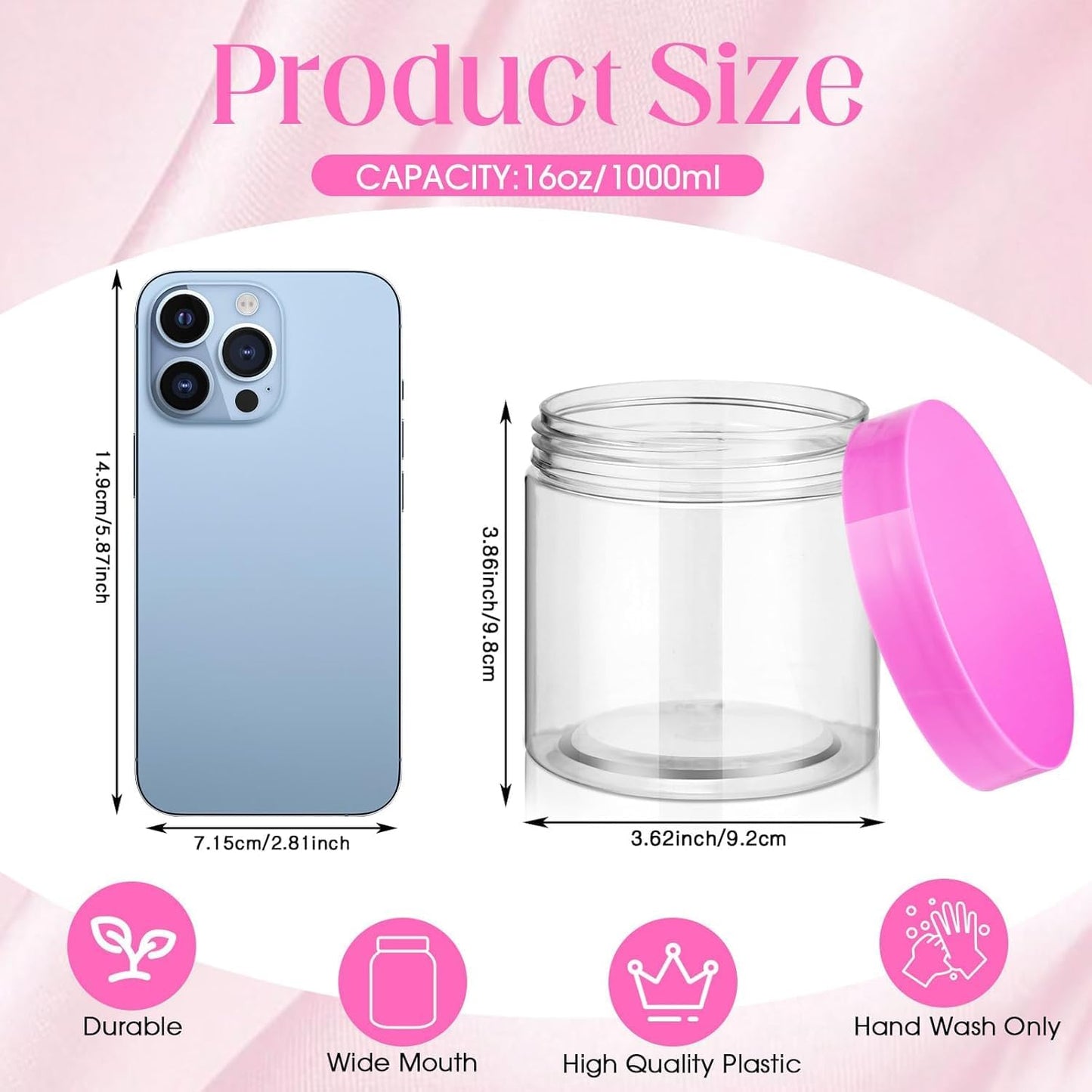 SATINIOR 12 Pack 16 oz Plastic Container Jars with Lids Round Clear Travel Cosmetic Container Slime Jars for Toiletries, Lotion, Cream, Ointments, Makeup, Rhinestone, Samples, Kitchen Storage(Pink)