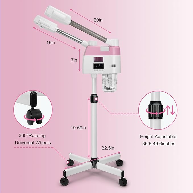 Professional Facial Steamer,2 in 1 Facial Steamers with Hot&Cool Mist, Height Adjustable Face Steamer, Pink Esthetician Steamer for Home Salon Spa